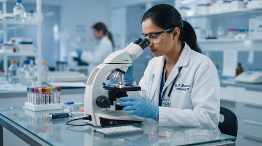 Pathologist examining a blood specimen slide at Focus Diagnostic Patna